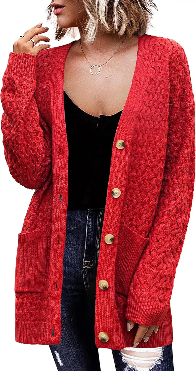 Zeagoo Womens 2025 Long Sleeve Chunky Cable Knit Fall Cardigans Sweaters Button Down Open Front Outerwear with Pockets